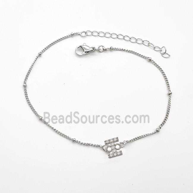 Copper Bracelet With Letter-I Pave Zirconia Platinum Plated
