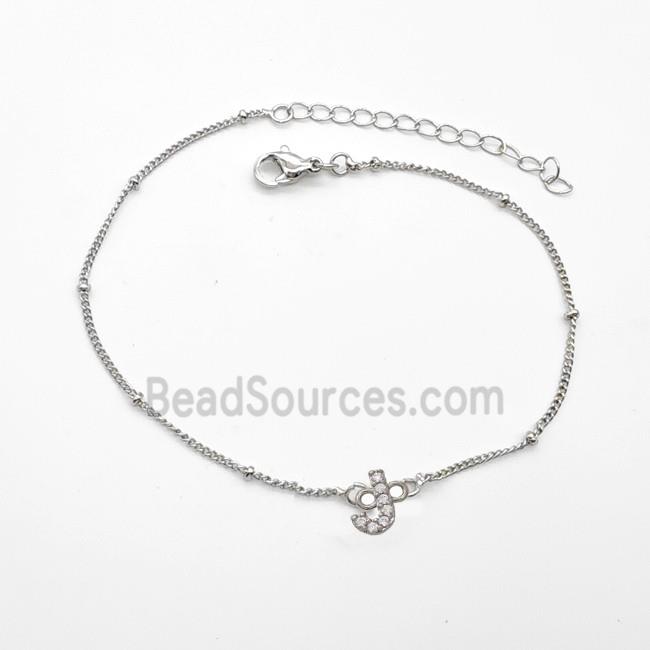Copper Bracelet With Letter-J Pave Zirconia Platinum Plated