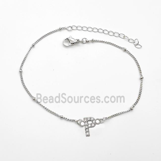 Copper Bracelet With Letter-P Pave Zirconia Platinum Plated