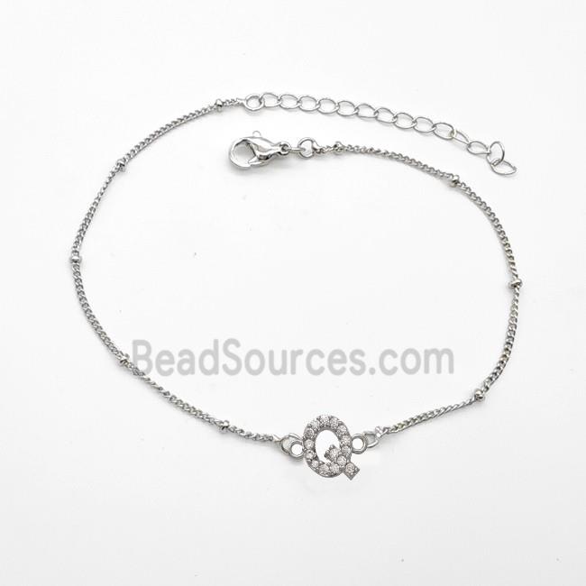 Copper Bracelet With Letter-Q Pave Zirconia Platinum Plated