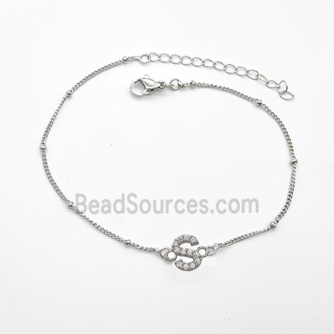 Copper Bracelet With Letter-S Pave Zirconia Platinum Plated
