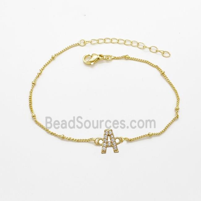 Copper Bracelet With Letter-A Pave Zirconia Gold Plated