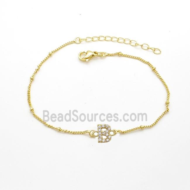 Copper Bracelet With Letter-B Pave Zirconia Gold Plated