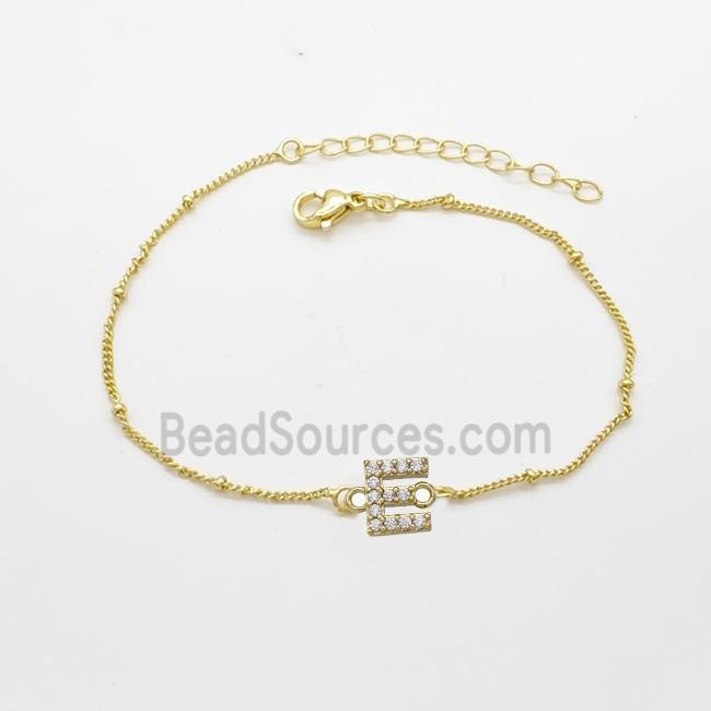 Copper Bracelet With Letter-E Pave Zirconia Gold Plated