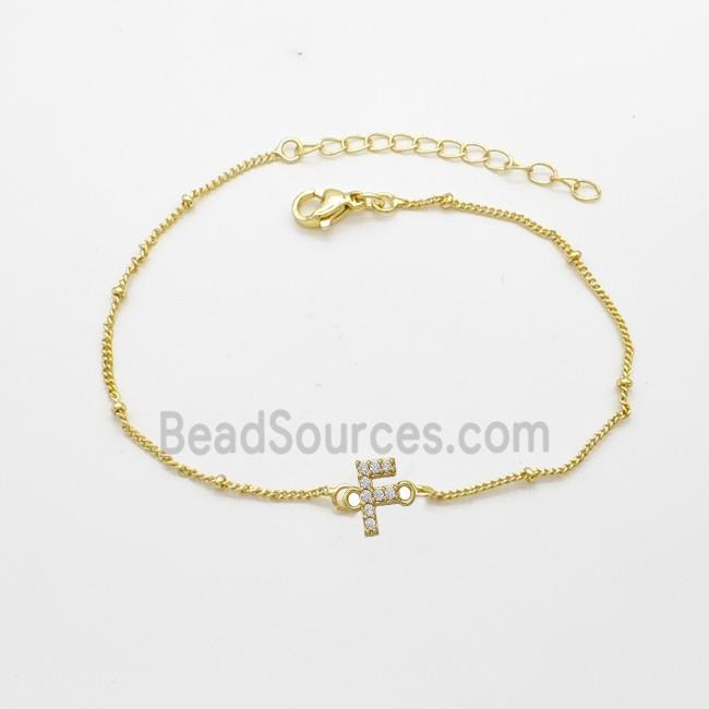 Copper Bracelet With Letter-F Pave Zirconia Gold Plated