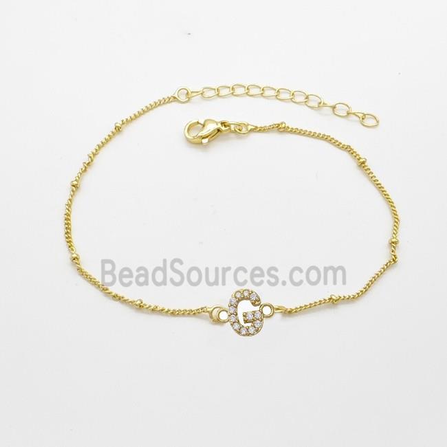 Copper Bracelet With Letter-G Pave Zirconia Gold Plated