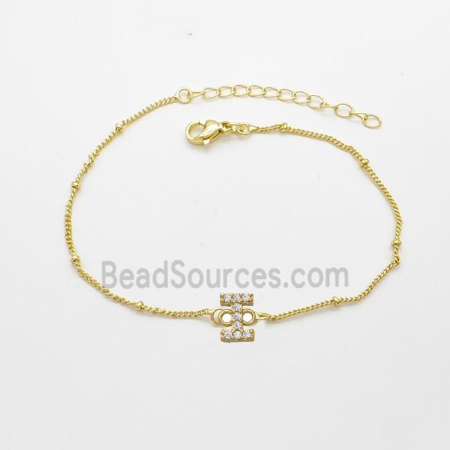 Copper Bracelet With Letter-I Pave Zirconia Gold Plated