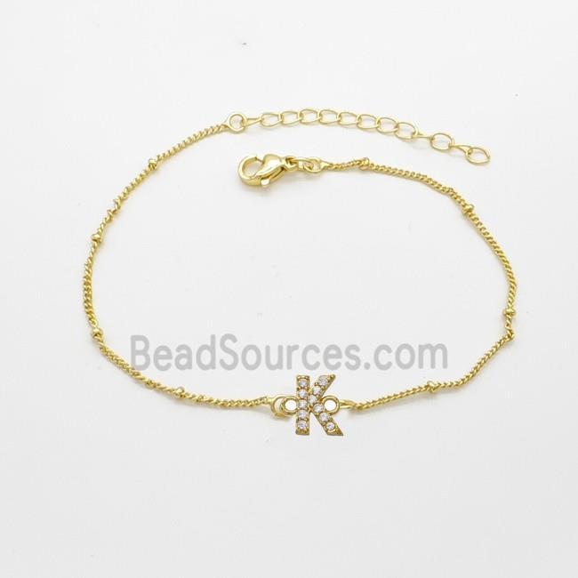 Copper Bracelet With Letter-K Pave Zirconia Gold Plated