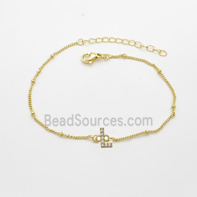 Copper Bracelet With Letter-L Pave Zirconia Gold Plated