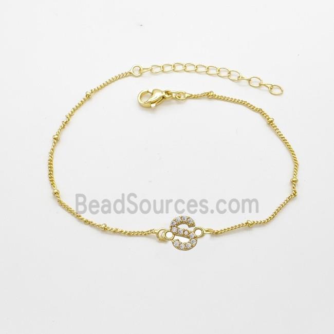 Copper Bracelet With Letter-S Pave Zirconia Gold Plated
