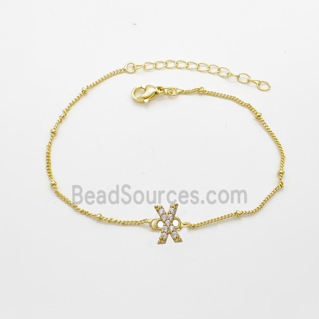 Copper Bracelet With Letter-X Pave Zirconia Gold Plated