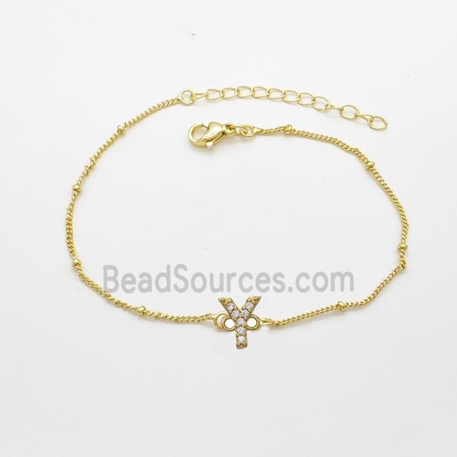 Copper Bracelet With Letter-Y Pave Zirconia Gold Plated