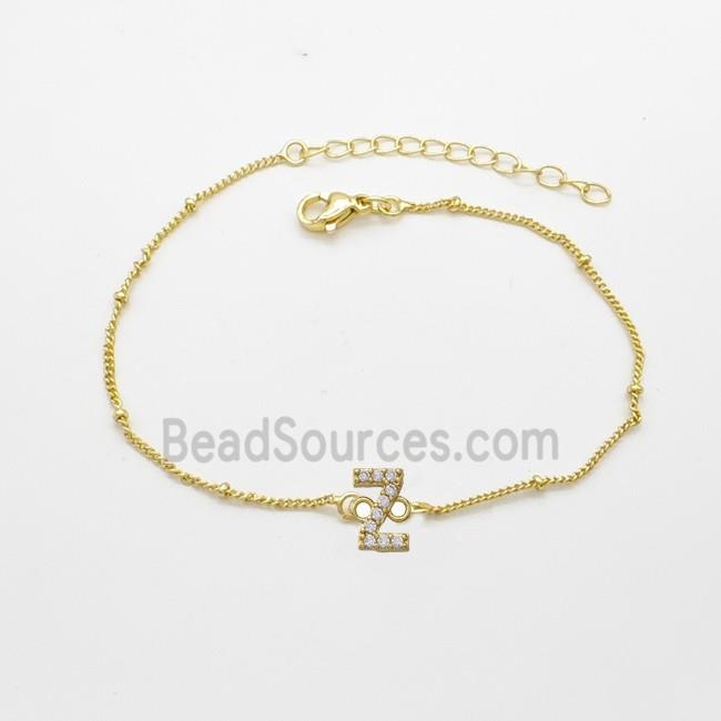 Copper Bracelet With Letter-Z Pave Zirconia Gold Plated