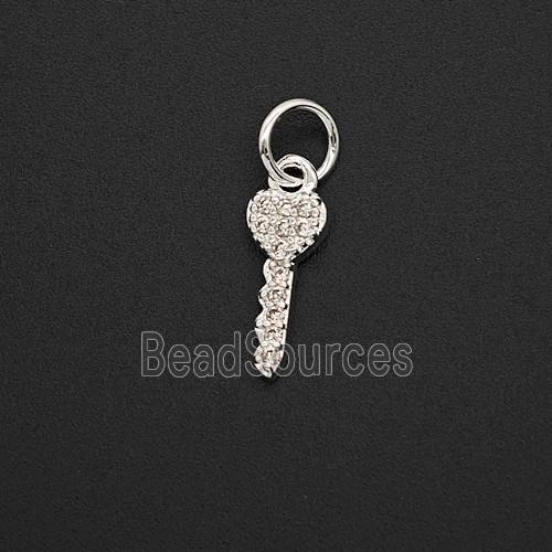 Copper Key Pendant Pave Zirconia Shiny Silver