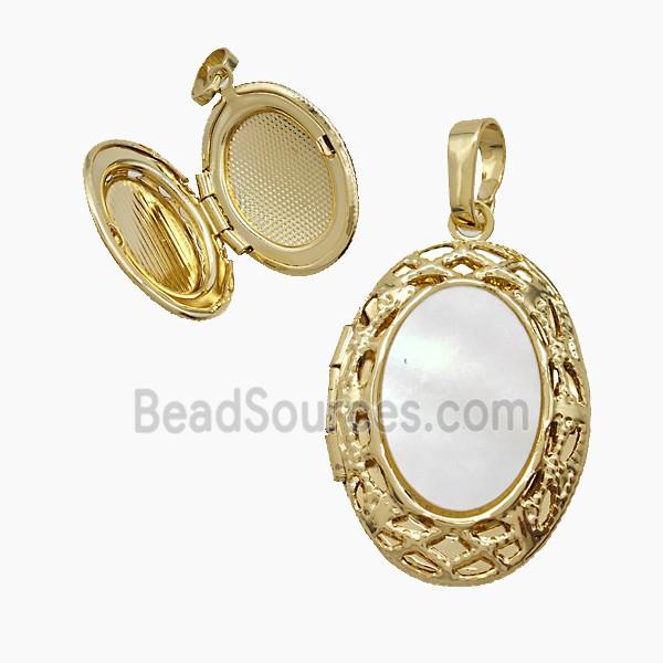 Copper Oval Locket Pendant Pave Shell 18K Gold Plated