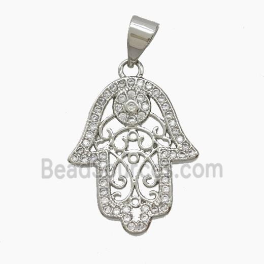 Copper Hamsahand Pendant Pave Zirconia Platinum Plated