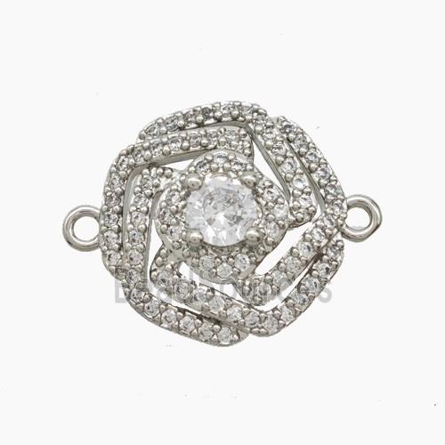 Copper Rose Flower Connector Pave Zirconia Platinum Plated