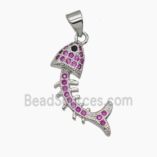 Copper Fishbone Pendant Pave Zirconia Platinum Plated