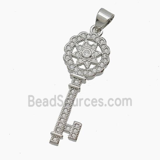 Copper Key Pendant Pave Zirconia Platinum Plated