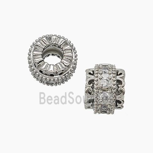 Copper Tube Beads Pave Zirconia Large Hole Platinum Plated