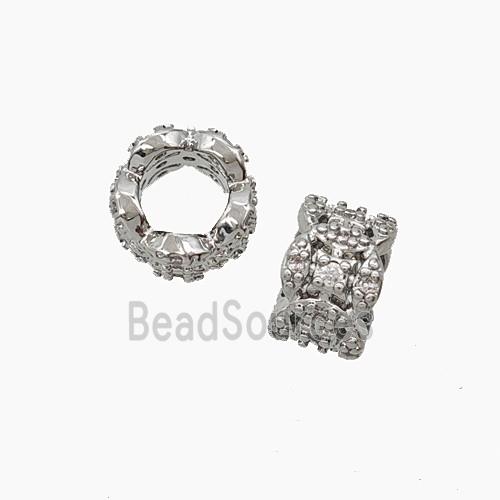 Copper Tube Beads Pave Zirconia Large Hole Platinum Plated