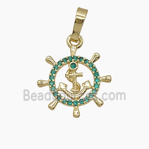Copper Anchor And Shipwheel Pendant Pave Zirconia Gold Plated