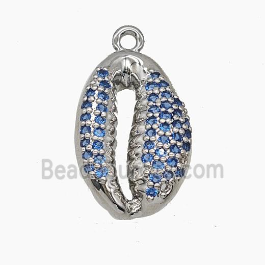 Copper Cowrie Shell Pendant Micropave Blue Zirconia Platinum Plated