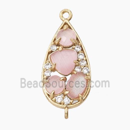 Copper Teardrop Connector Pave Pink Cateye Crystal Gold Plated