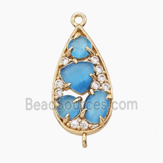 Copper Teardrop Connector Pave Blue Cateye Crystal Gold Plated