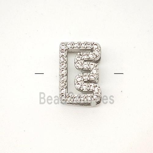 Copper Letter-E Beads Pave Zirconia Platinum Plated