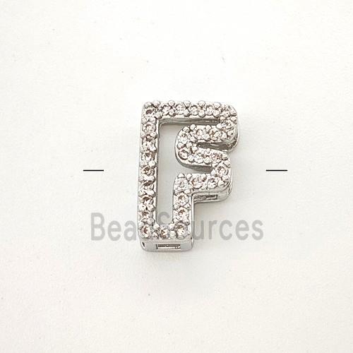 Copper Letter-F Beads Pave Zirconia Platinum Plated