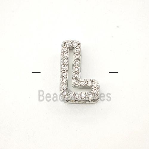 Copper Letter-L Beads Pave Zirconia Platinum Plated