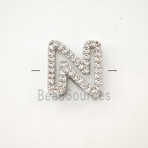 Copper Letter-N Beads Pave Zirconia Platinum Plated