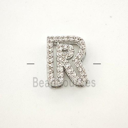 Copper Letter-R Beads Pave Zirconia Platinum Plated