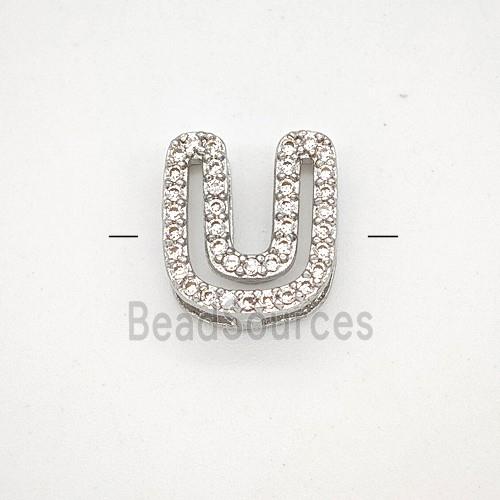 Copper Letter-U Beads Pave Zirconia Platinum Plated