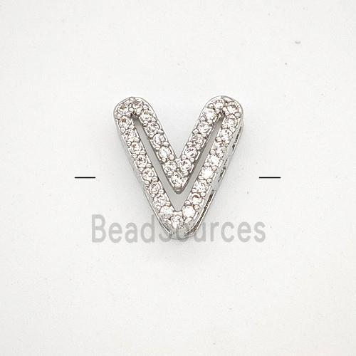 Copper Letter-V Beads Pave Zirconia Platinum Plated