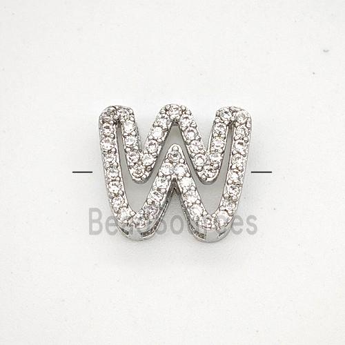 Copper Letter-W Beads Pave Zirconia Platinum Plated