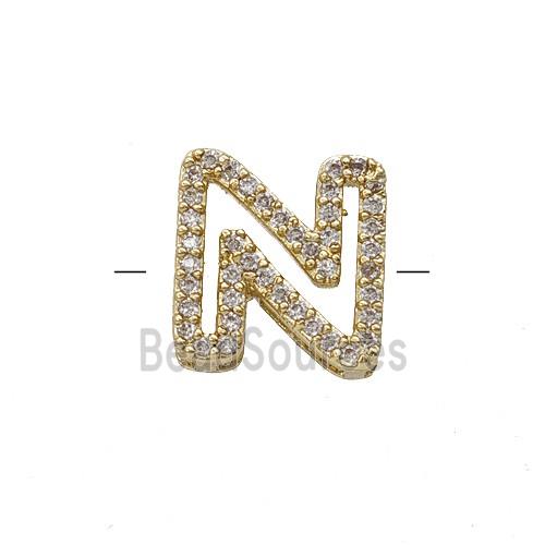 Copper Letter-N Beads Pave Zirconia Gold Plated