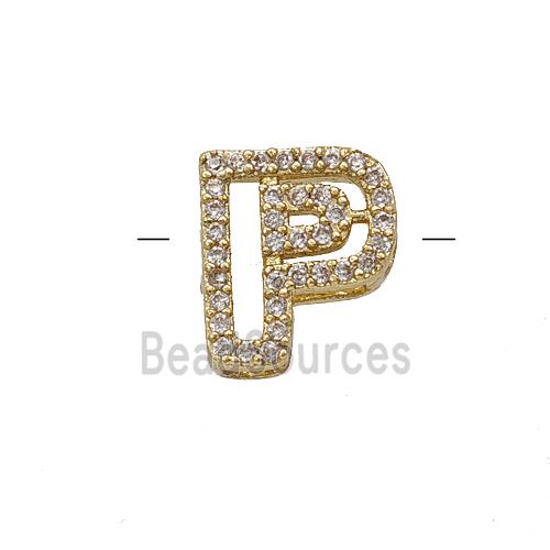 Copper Letter-P Beads Pave Zirconia Gold Plated