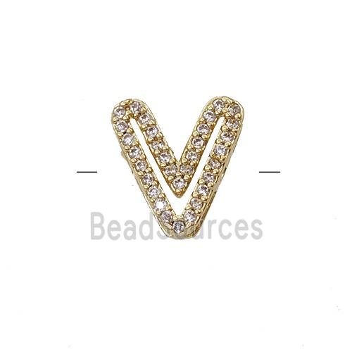 Copper Letter-V Beads Pave Zirconia Gold Plated