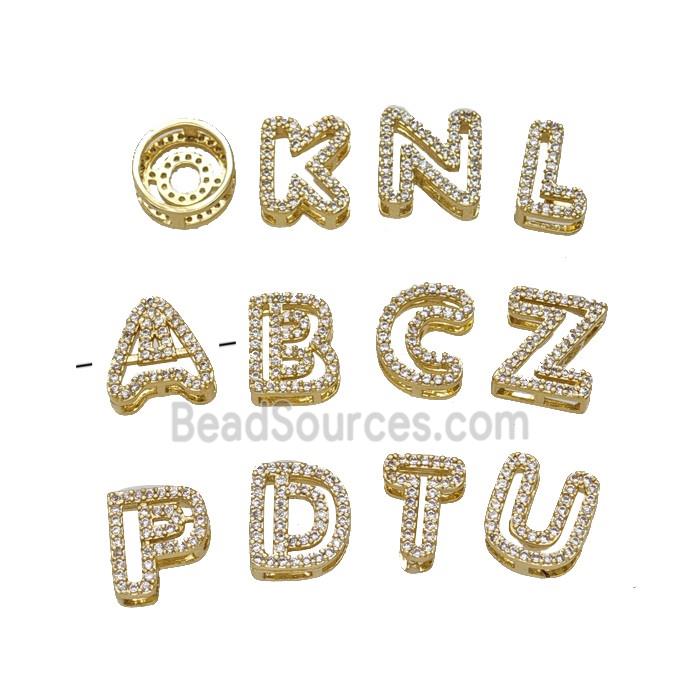 Copper Alphabet Beads Pave Zirconia Gold Plated Mixed Letters