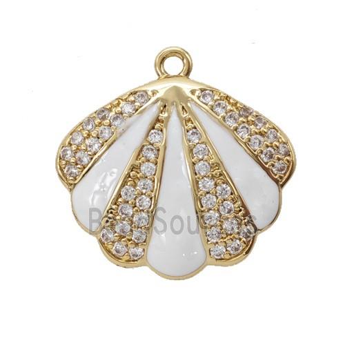 Copper Scallop Shell Pendant Pave Zirconia White Enamel Gold Plated