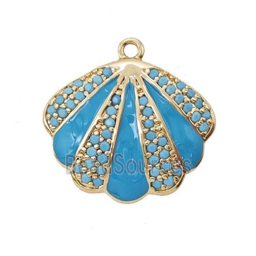 Copper Scallop Shell Pendant Pave Zirconia Blue Enamel Gold Plated