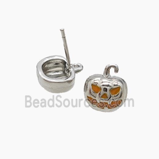Halloween Pumpkin Copper Stud Earrings Enamel Platinum Plated