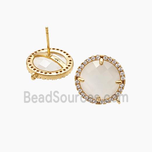 Copper Circle Stud Earrings Pave Zirconia Jadeite Glass Gold Plated