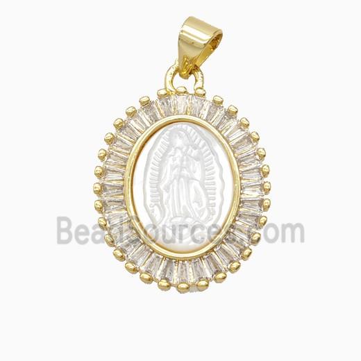 Copper Oval Pendant Pave Zirconia Shell Virgin Mary 18K Gold Plated