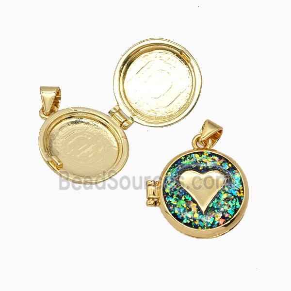 Copper Heart Locket Pendant Pave Fireopal 18K Gold Plated