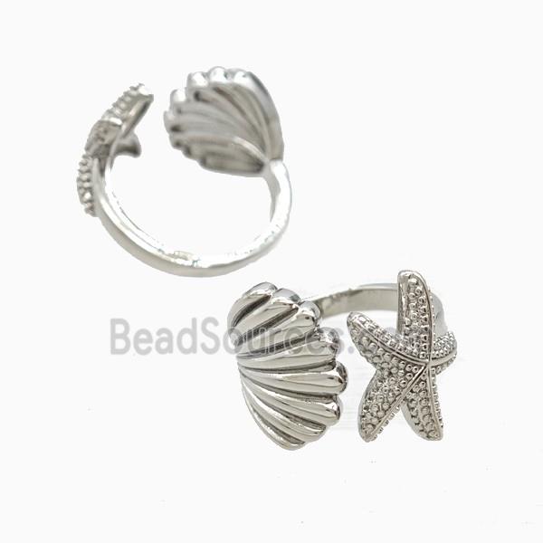 Copper Starfish And Scallop Shell Rings Platinum Plated