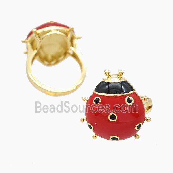 Copper Ladybug Rings Red Enamel Adjustable 18K Gold Plated