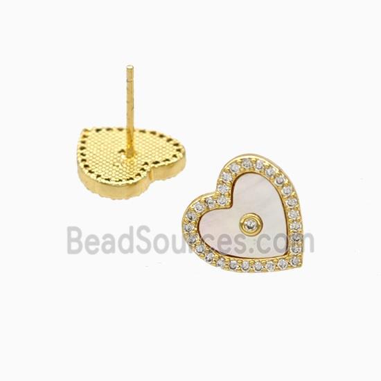 Copper Heart Stud Earrings Pave Zirconia Shell 18K Gold Plated